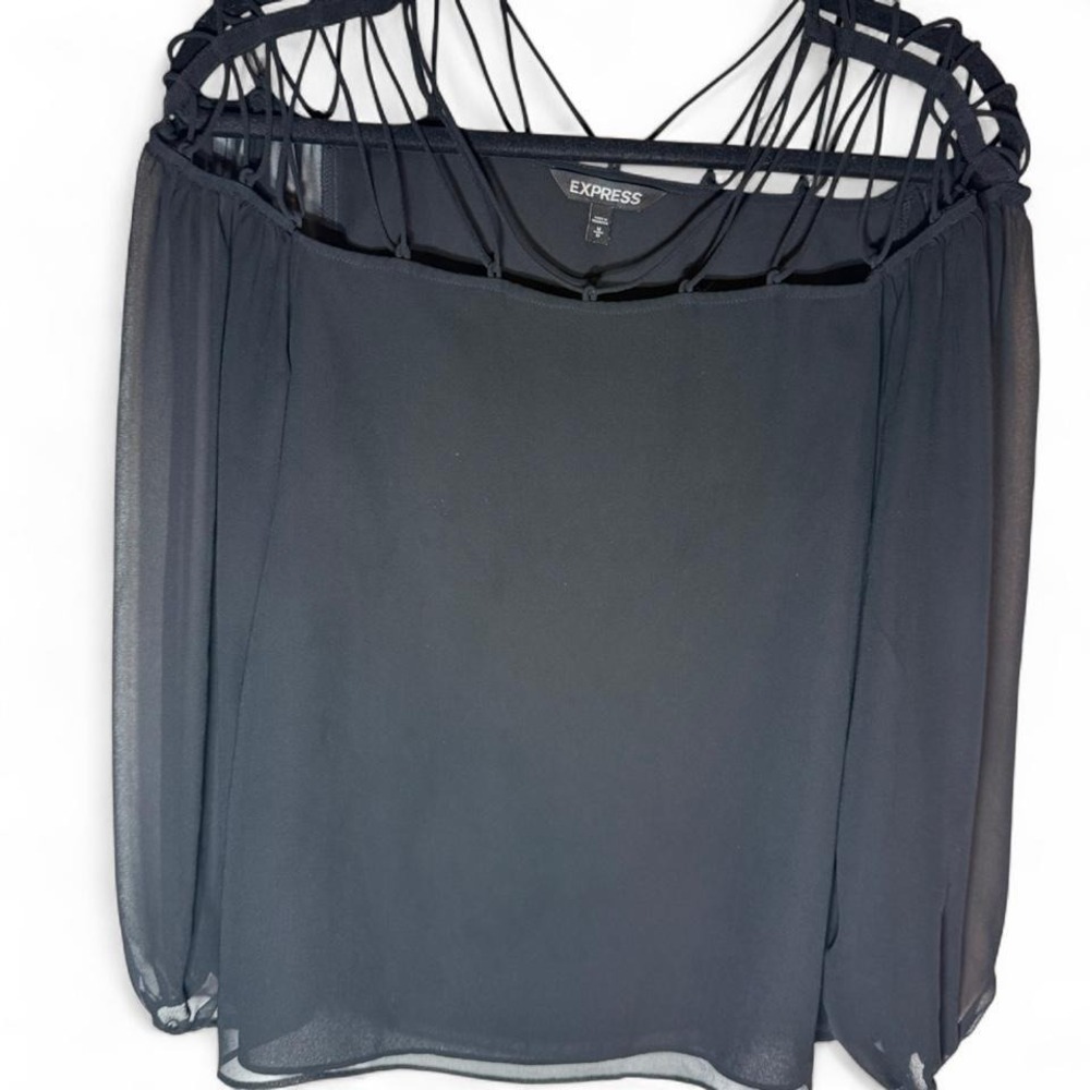 Express Black Strappy Cage Neckline Long Sheer Sleeve Blouse Womens Medium